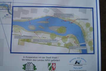 Flusskarte eines Infoschilds am Wiehler Mühlenwehr.