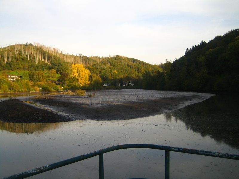 Der Aggerstau Osberghausen am 14.10.2026 um 17.30. Ein Gutteil des Wassers ist abgelassen und die Sedimente, die überwiegend den Stauinhalt ausmachen, kommen zum Vorschein. Hier muss für die Renaturierung und eine freifließende Agger noch viel Arbeit geleistet werden. Der Beginn der Aggerbefreiung ist geschafft.