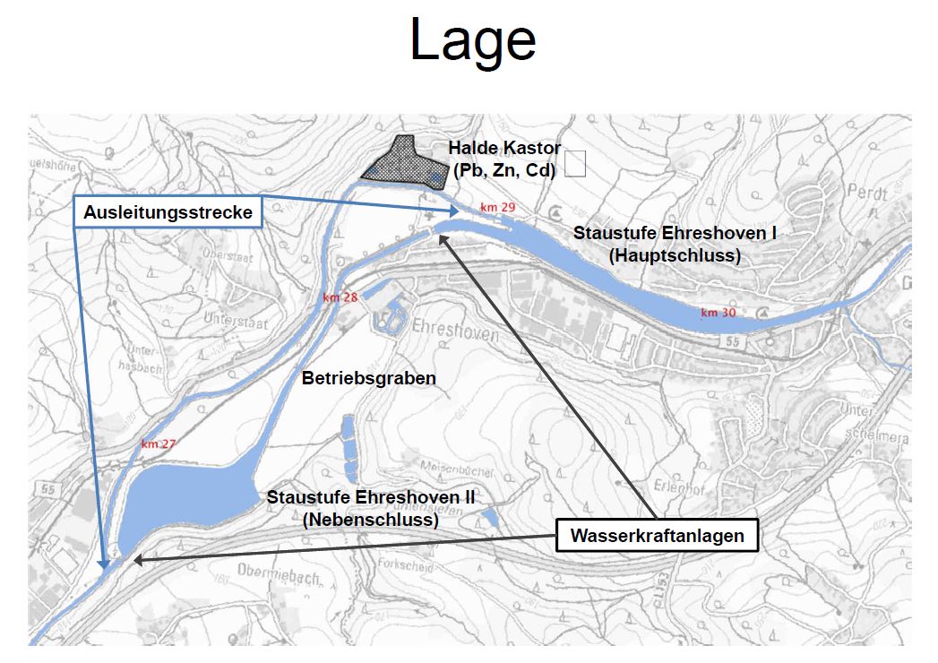 Auf dieser Grafik sind die beiden Wasserkraftanlagen Ehreshoven I und II zu sehen. Das Alte Aggerbett fließt vom Wehr Ehreshoven I nordwestlich um die Anlagen herum. 